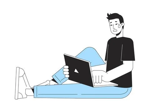 Crying young man with laptop flat linear duo color vector character Stock Illustration