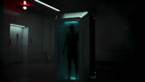 Cryogenic Horror Pod in Flickering Sci-Fi Lab Stock Footage 314270192