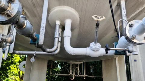 Cryogenic Liquid Gas Storage Tank Underside with Complex Frosted Piping Stock Footage 337723073
