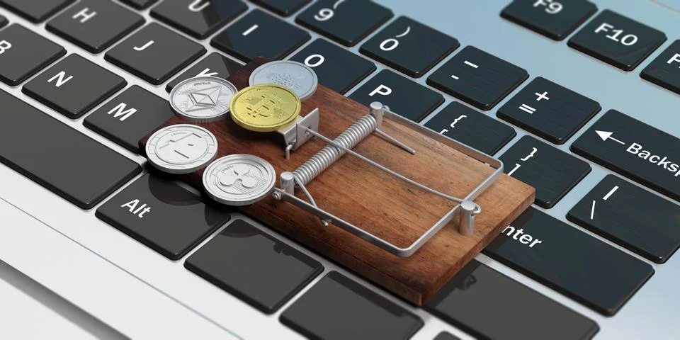 Cryprocurrency coins on a mouse trap on a computer keyboard background. 3d il Illustrazione stock