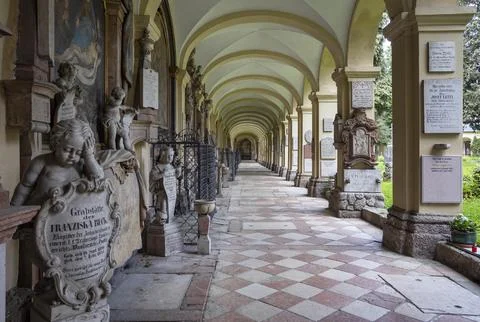 Crypt arcades grave counters in the arcade of St Sebastians Cemetery Church of Fotos de archivo