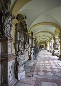Crypt arcades grave counters in the arcade of St Sebastians Cemetery Church of Fotos de archivo