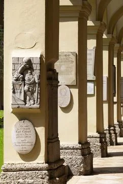 Crypt arcades grave counters in the arcade of St Sebastians Cemetery Church of Fotos de archivo