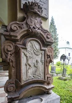 Crypt arcades grave counters in the arcade of the Sebastian Cemetery Church of Fotos de archivo