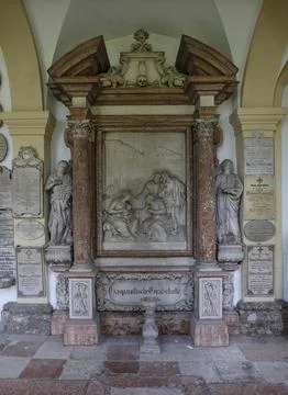 Crypt arcades grave counters in the arcade of St Sebastians Cemetery Church of Fotos de archivo