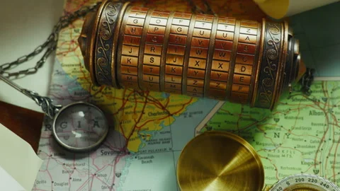 Cryptex on Map with Compass and Magnifier, Treasure Hunt Investigation Scene Stock Footage 335186787