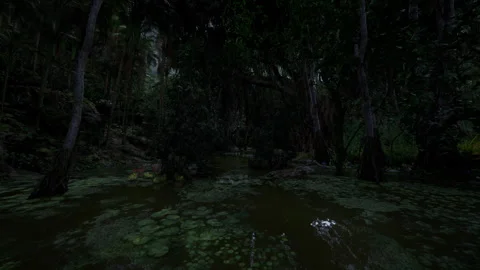 Cryptic marsh filled with floating lily pads and thick trees Video stock 327183729