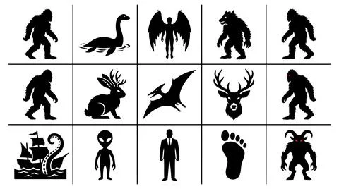 Cryptid and mythical creature silhouette icon collection grid set design Stock Illustration