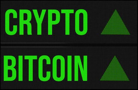 Crypto bitcoin on LED board with arrows pointing up and down showing movement Stock Illustration