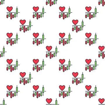 Crypto Chart with Red Heart Shape vector colored seamless pattern Illustrazione stock