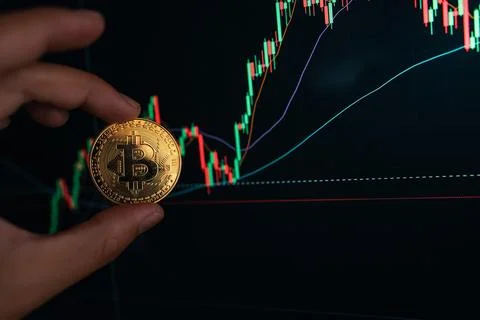 Crypto coins and graphs in the computer screen Fotos Stock