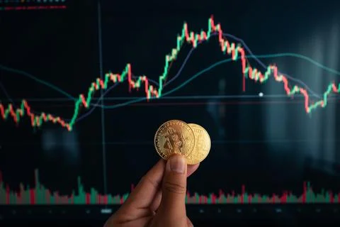 Crypto coins and graphs in the computer screen Stock Photos