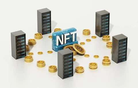 Crypto coins connecting data servers with NFT word at the center. 3D illus... Stock Photos