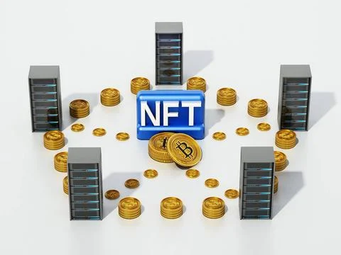 Crypto coins connecting data servers with NFT word at the center. 3D illus... Stock-Fotos