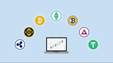 Crypto coins flying from the screen of laptop. Large Amount of Digital Vídeo Stock 231402464