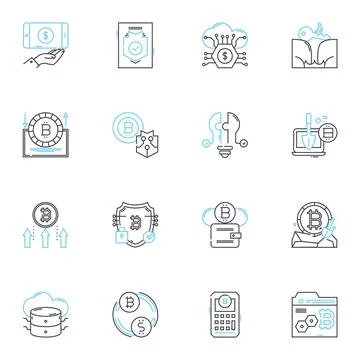 Crypto coins linear icons set. Bitcoin, Ethereum, Litecoin, Ripple, Dash, Mro Ilustración de archivo