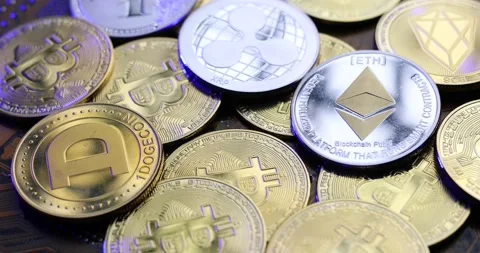 Crypto coins under macro concept while rotating. 4K Video Stock Footage 166799005