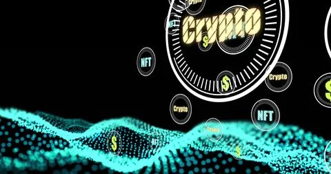 Crypto concept texts on multiple round scanners against blue digital wave on Stock Illustration
