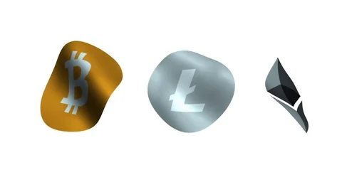 Crypto currency accepted here. Flag motion of bitcoin, ethereum and litecoin Video stock 82932796