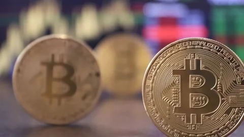 Crypto currency Bitcoin coins with blinking lights in background Stock-Footage 247356296