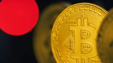 Crypto currency, bitcoin on a dark background with flashing lights. BTC, Bit Stock Footage 88615660