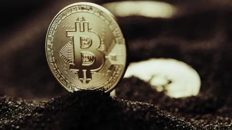 Crypto currency Bitcoin extreme close up stock footage. Golden BTC coins.  Stock Footage 253576313
