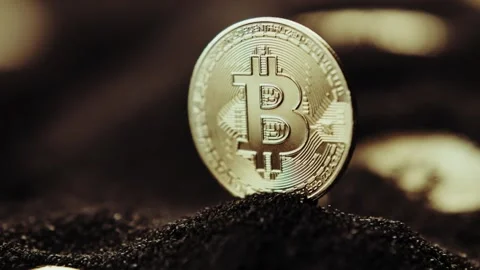 Crypto currency Bitcoin extreme close up stock footage. Golden BTC coins.  Stock Footage 253576317