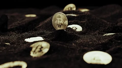 Crypto currency Bitcoin extreme close up stock footage. Golden BTC coins.  Stock Footage 253576320