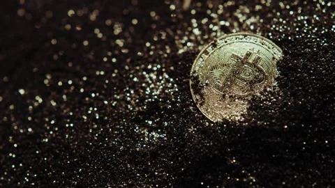 Crypto currency Bitcoin extreme close up stock footage. Golden BTC coins.  Stock Footage 253576501
