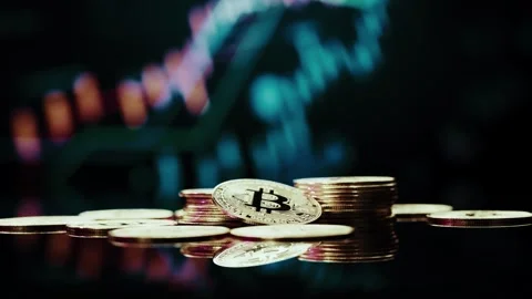 Crypto currency Bitcoin extreme close up stock footage. Golden BTC coins.  Stock Footage 253576953