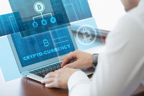 Crypto-currency,  Bitcoin internet virtual money. Currency Technology Busines Stock Photos