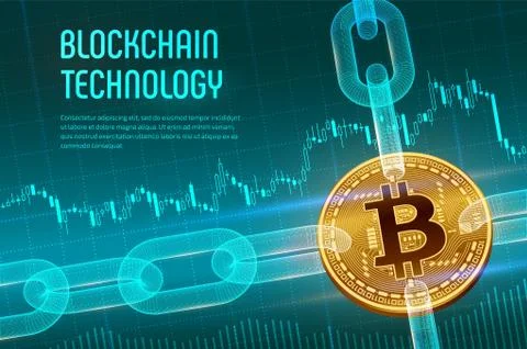 Crypto currency. Block chain. Bitcoin. 3D isometric Physical golden bitcoin w Stock Illustration