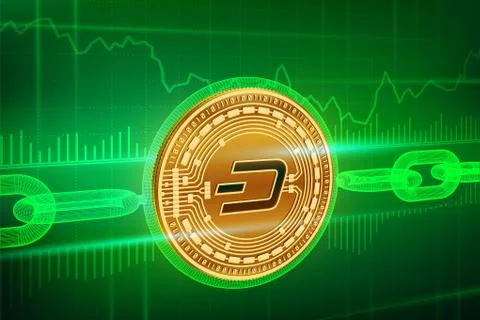 Crypto currency. Block chain. Dash. 3D isometric Physical golden Dash coin wi Stock Illustration