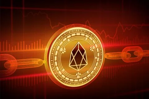 Crypto currency. Block chain. Eos. 3D isometric Physical golden Eos coin with Stock Illustration