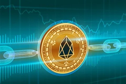 Crypto currency. Block chain. Eos. 3D isometric Physical golden Eos coin with Stock Illustration
