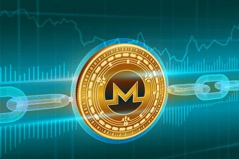 Crypto currency. Block chain. Monero. 3D isometric Physical golden Monero coi Stock Illustration
