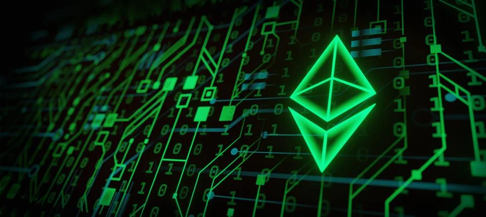 A crypto currency coin logo of Etherium shining symbol, digital money blockch Stock Illustration