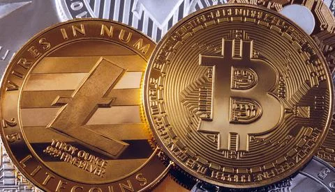 Crypto currency coin set collection, bitcoin, ethereum, litecoin, ripple. Dig Stock Photos