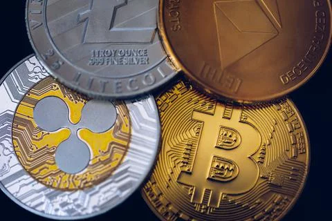 Crypto currency coin set collection, bitcoin, ethereum, litecoin, ripple. Dig Stock Photos