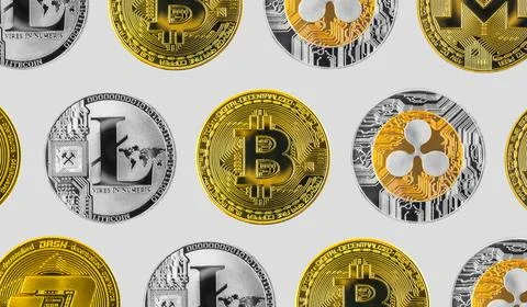 Crypto currency coins pattern isolated on silver background, bitcoin, silver  스톡 사진
