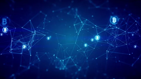 Crypto Currency Connect with bitcoins on a blue background Stock Footage 239070957