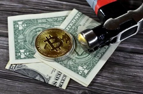 Crypto currency, dollars and a hammer, hammer and a physical golden bitcoin.. Stock Photos