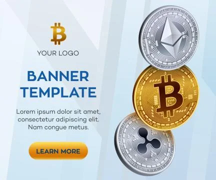 Crypto currency editable banner template. Bitcoin, Ethereum, Ripple. 3D Stock-Illustration