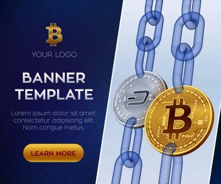 Crypto currency editable banner template. Bitcoin. Dash. 3D isometric Physica Stock Illustration