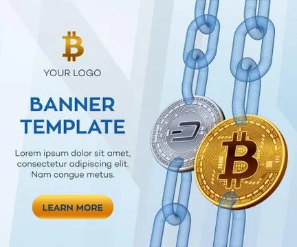 Crypto currency editable banner template. Bitcoin. Dash. 3D isometric Physica Stock Illustration