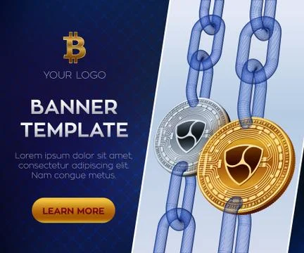 Crypto currency editable banner template. Nem. 3D isometric Physical bit coin Stock Illustration