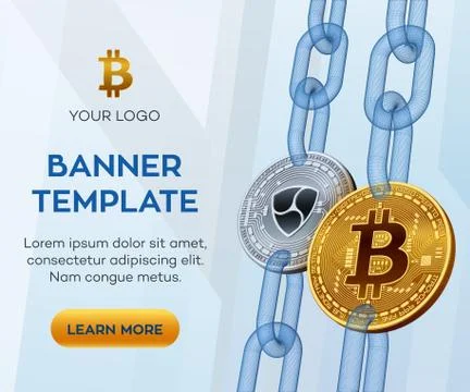 Crypto currency editable banner template. Bitcoin. Nem. 3D isometric Physical Stock Illustration