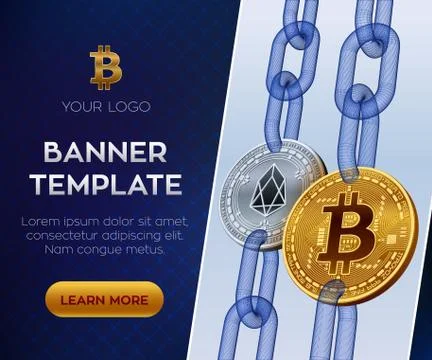 Crypto currency editable banner template. Bitcoin. EOS. 3D isometric Physical Stock Illustration