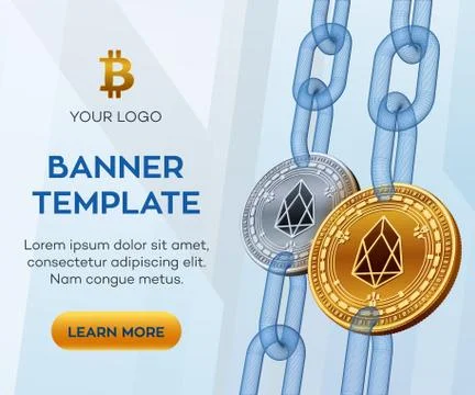 Crypto currency editable banner template. EOS. 3D isometric Physical bit coin Stock Illustration