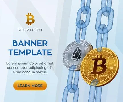 Crypto currency editable banner template. Bitcoin. EOS. 3D isometric Physical Stock Illustration